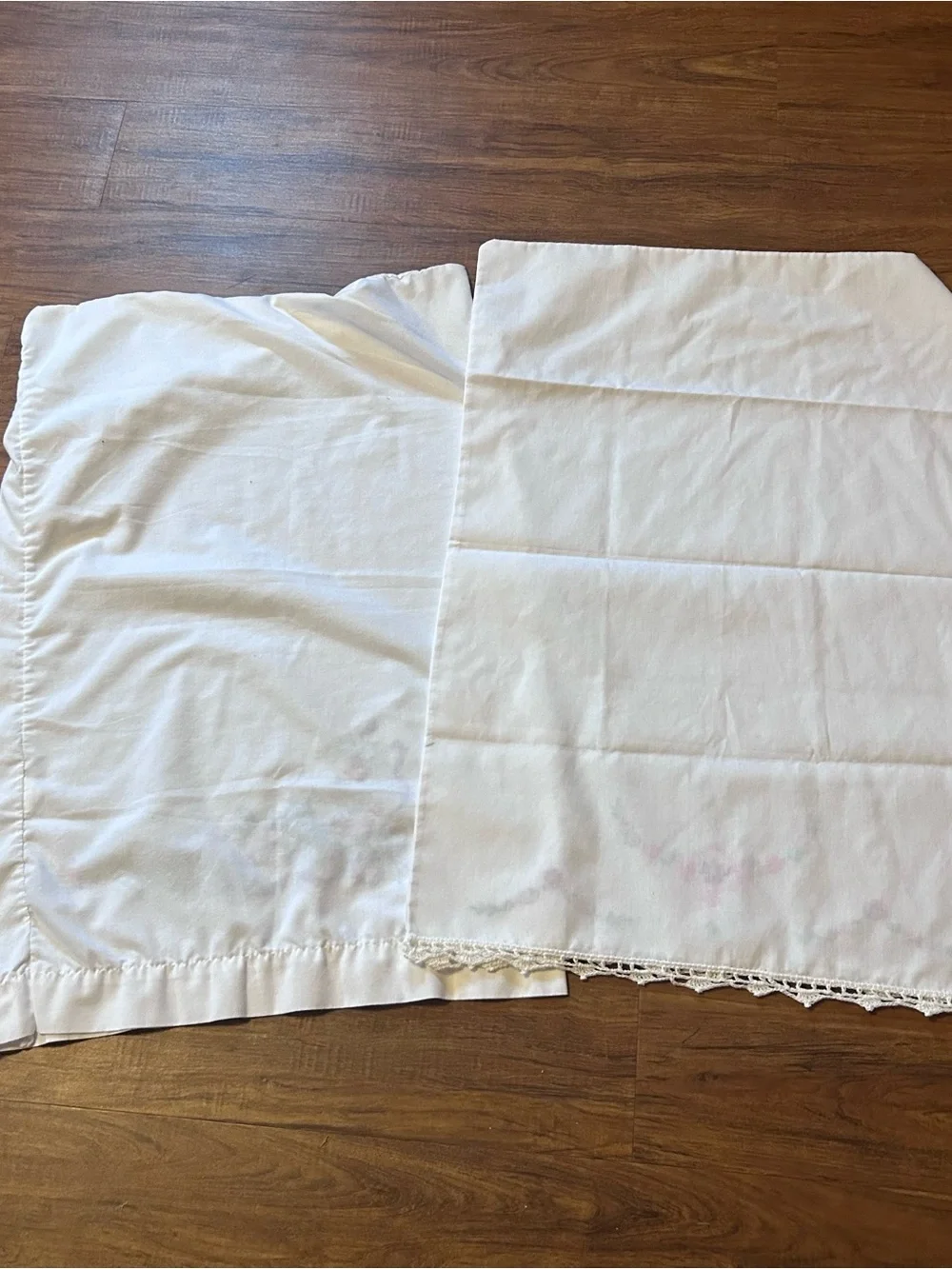 Vintage White Pillowcase with Pink, Purple and Green Floral Embroidery pair